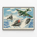 Blenheim airplane poster and British destroyer against German submarine — framed artwork on a wall