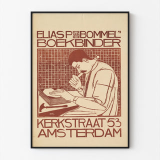 Art-nouveau poster – Elias van Bommel – Theo Molkenboer, gepresenteerd in een dunne lijst tegen een lichte muur.
