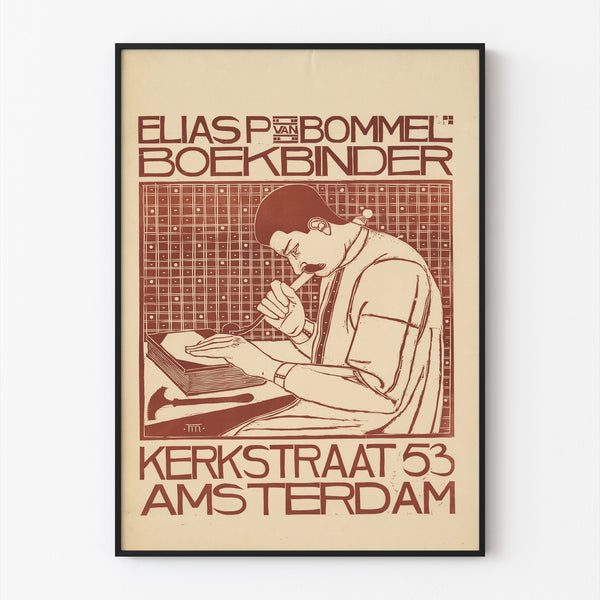 Art-nouveau poster – Elias van Bommel – Theo Molkenboer, gepresenteerd in een dunne lijst tegen een lichte muur.