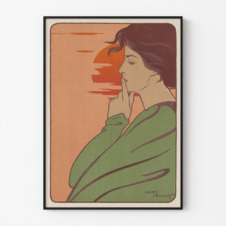 Art-nouveau poster – L’Heure du silence – Henri Meunier, gepresenteerd in een smal lijstje tegen een lichte muur.