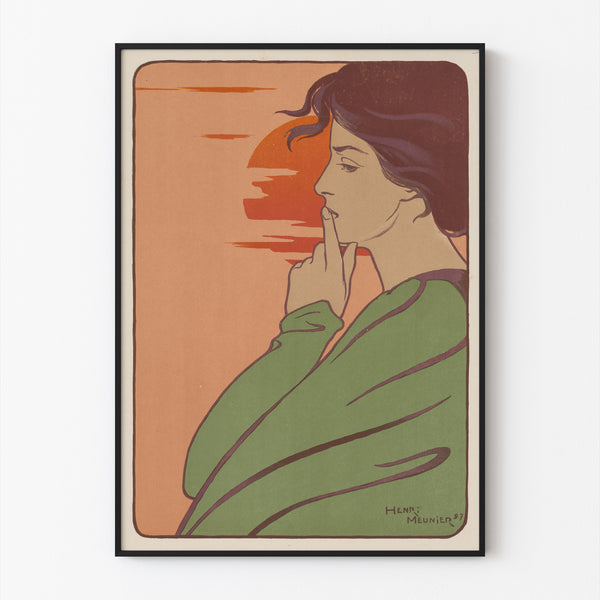 Art-nouveau poster – L’Heure du silence – Henri Meunier, gepresenteerd in een smal lijstje tegen een lichte muur.