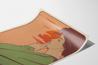 Art-nouveau poster – L’Heure du silence – Henri Meunier, getoond op een gekromd vel papier, perspectivisch gefotografeerd.