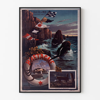 Vintage poster Bretagne – Belle-Île-en-Mer, Bretagne, getoond in een slank frame tegen een lichte muur.