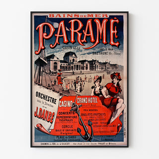 Vintage poster Bretagne – Paramé, baai van Saint-Malo, gepresenteerd in een smal lijstje aan een lichte muur.