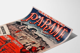 Vintage poster Bretagne – Paramé, baai van Saint-Malo, gepresenteerd op een gebogen blad, perspectivisch uitzicht.