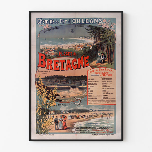 Vintage Brittany – Beaches of Brittany, railways, poster in a thin frame on a light wall.