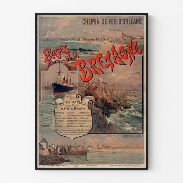 Vintage Brittany poster – Brittany Beaches, Orléans, displayed in a thin frame on a light wall.