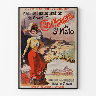 Vintage poster Bretagne – Saint-Malo, opening van het casino, gepresenteerd in een smal lijstje aan een lichte muur.