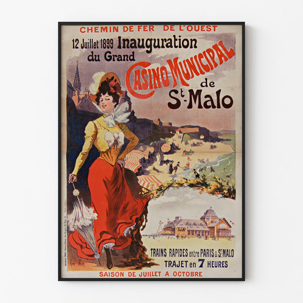 Vintage Brittany poster – Saint-Malo casino opening, shown in a slim frame on a pale wall.