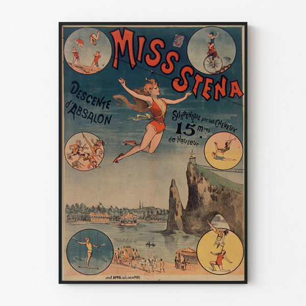 Vintage circusposter Miss Stena, afdaling van Absalon, gepresenteerd in een smal frame aan een lichte muur.