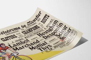 Road champions closing poster — Moustier, shown on a curved sheet, viewed in perspective.