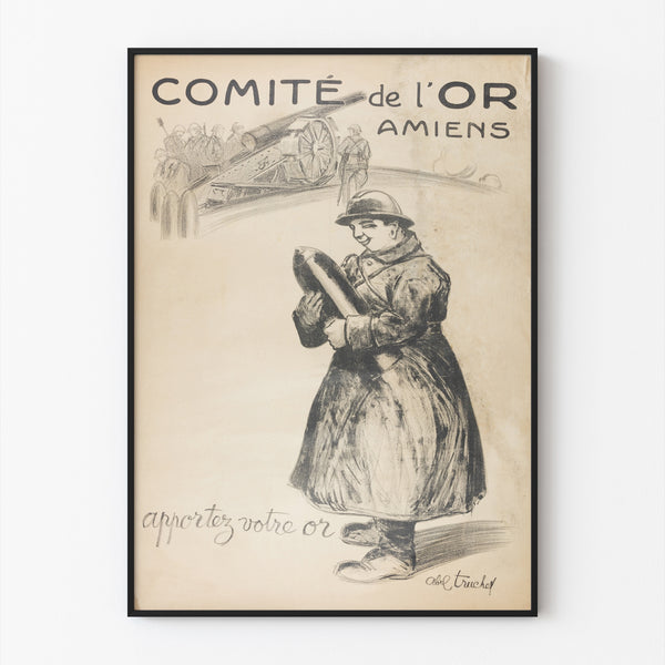 Historische poster – Amiens, Comité de l’Or – Abel-Truchet, gepresenteerd in een dunne lijst tegen een lichte muur.