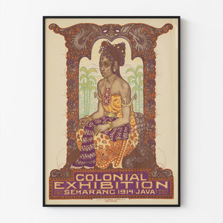 Historische poster – Koloniale tentoonstelling Semarang, 1914, gepresenteerd in een dunne lijst tegen een lichte muur.