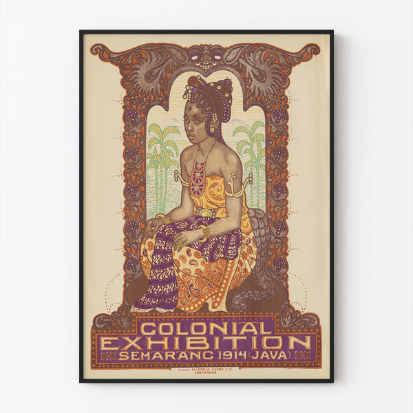 Historische poster – Koloniale tentoonstelling Semarang, 1914, gepresenteerd in een dunne lijst tegen een lichte muur.