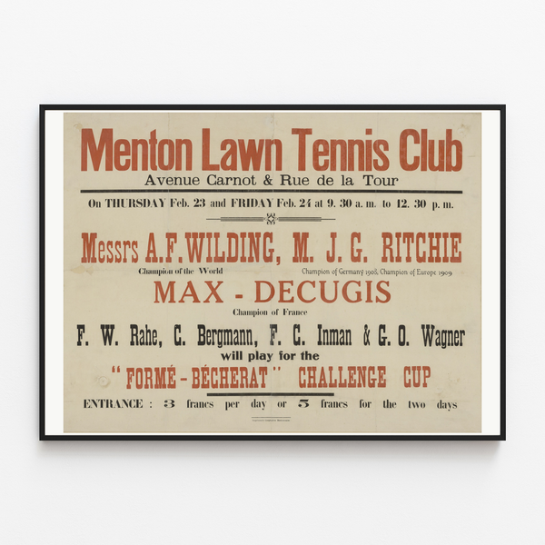 Poster Menton Lawn Tennis Club, geplaatst in een fijne lijst aan een lichte muur.