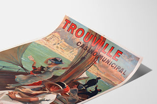Vintage Normandy – Trouville municipal casino poster, shown on a curled sheet in perspective.