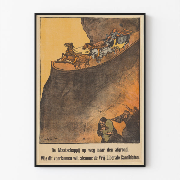 Vintage politieke poster – Liberale verkiezingen, 1918 – Sluiter, in een smal frame aan een lichte muur.