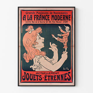 Vintage reclameposter À la France moderne, Lyon, in een smal lijstje aan een lichte muur.