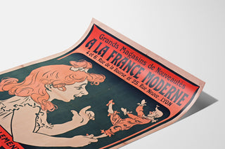 Vintage reclameposter À la France moderne, Lyon, gepresenteerd op een gebogen blad, perspectivisch gezien.
