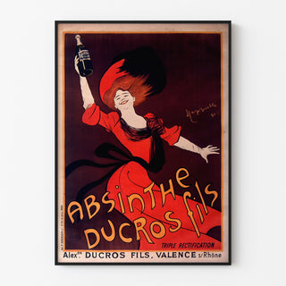 Vintage reclameposter Absinthe Ducros, getoond in een smal lijstje tegen een lichte muur.