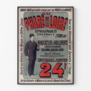 Vintage reclameposter Au Phare de la Loire, kleding, in een smal frame aan een lichte muur.