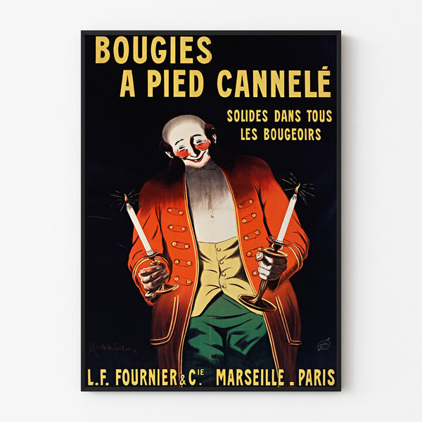 Vintage advertisement Bougies Fournier, displayed in a slim frame on a light wall.