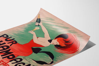 Vintage reclameposter Champagne Damery-Épernay, gepresenteerd op een licht gekromde pagina, gezien in perspectief.