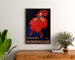 Vintage reclameposter Cognac Richarpailloud, ingelijst boven een houten dressoir tussen planten.