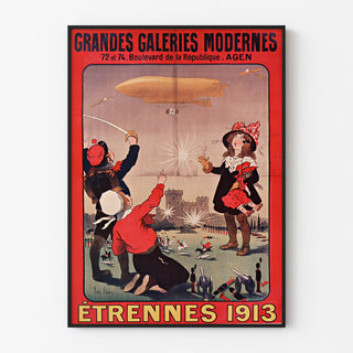 Vintage reclameposter Grandes Galeries modernes, Agen, in een smal frame aan een lichte muur.