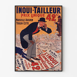 Vintage reclameposter Inoui-Tailleur, in een slank kader aan een lichte muur.