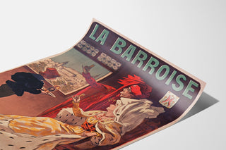 Vintage reclameposter La Barroise, gepresenteerd op een licht gekromde pagina, gezien in perspectief.