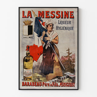 Vintage reclameposter La Messine, likeur, tentoongesteld in een smal lijstje aan een lichte muur.