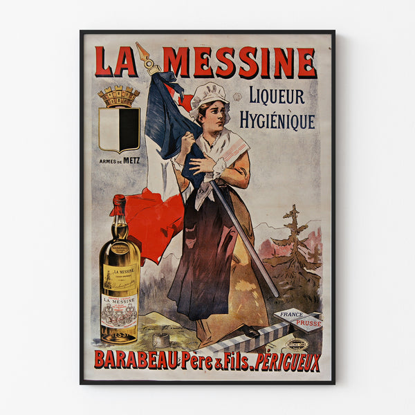 Vintage reclameposter La Messine, likeur, tentoongesteld in een smal lijstje aan een lichte muur.
