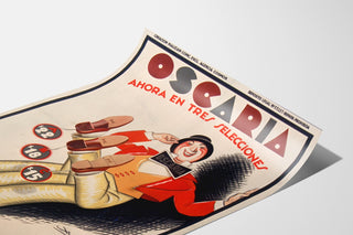 Vintage reclameposter Oscaria, schoenen, gepresenteerd op een gebogen blad, perspectivisch gezien.