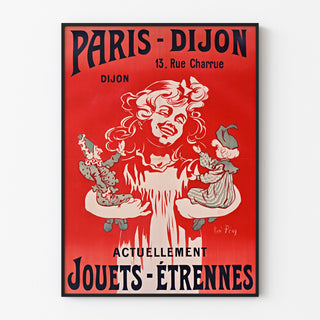 Vintage advertising poster Paris–Dijon, toys and holiday gifts, displayed in a slim frame on a light wall.