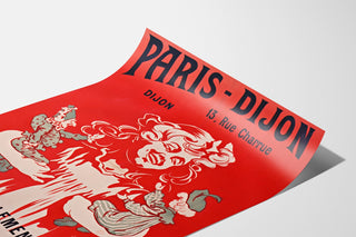 Vintage advertising poster Paris–Dijon, toys and holiday gifts, shown on a curled sheet, perspective view.