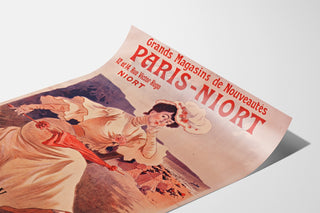Reclameposter vintage Paris-Niort, zomernieuws, gepresenteerd op een gebogen vel, perspectiefweergave.