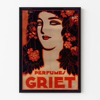 Vintage reclameposter Perfumes Griet, gepresenteerd in een smal frame aan een lichte muur.