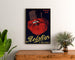 Vintage reclameposter Relskyr - 1° Kumel, ingelijst boven een houten dressoir, tussen planten.