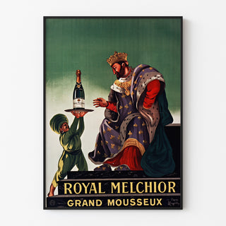 Vintage reclameposter Royal Melchior, grand mousseux, weergegeven in een smal kader aan een lichte muur.