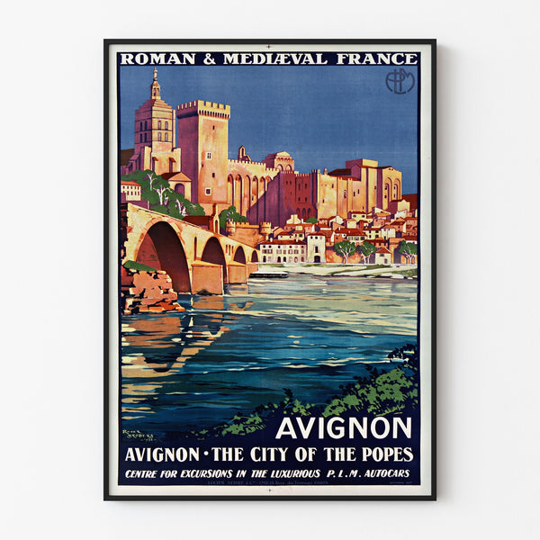Vintage travel poster – Avignon, Roman & Mediaeval France, shown in a slim frame on a light wall.