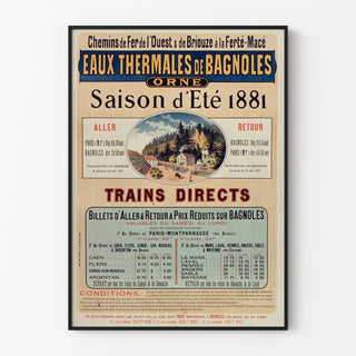 Vintage reisposter – Bagnoles, thermale wateren, getoond in een smal lijstje tegen een lichte muur.