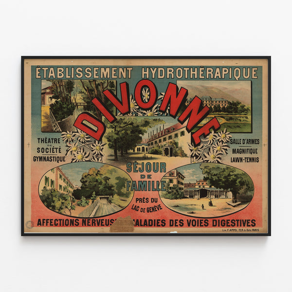 Vintage travel poster – Divonne — Family stay near Lake Geneva, shown in a slim frame on a light wall.