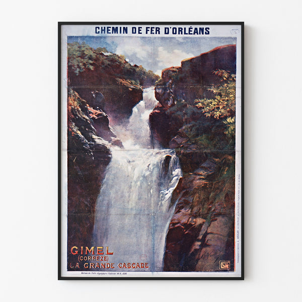 Vintage tourist poster – Gimel, la Grande Cascade, shown in a slim frame on a light wall.