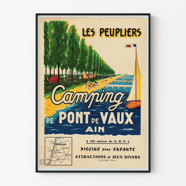 Vintage travel poster – Les Peupliers, Pont-de-Vaux campsite, shown in a slim frame on a light wall.