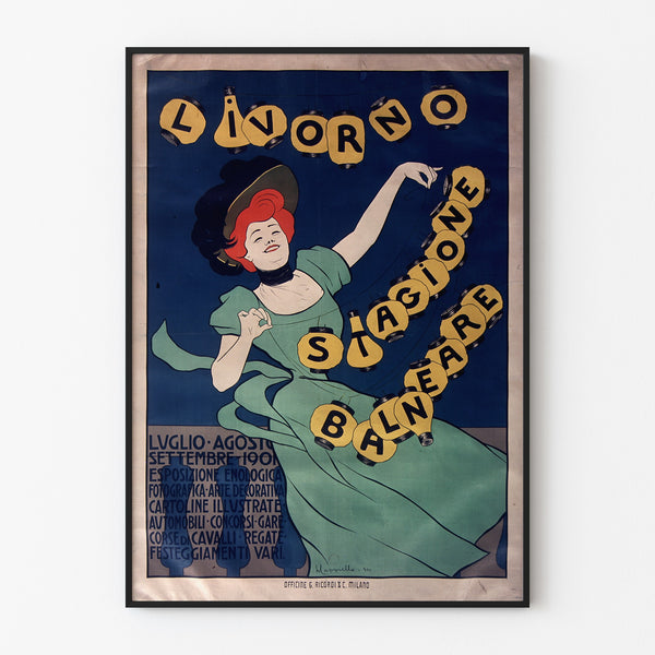Vintage travel poster – Livorno, bathing season, displayed in a slim frame on a light wall.