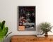 Vintage tourist poster – Pougues-les-Eaux, PLM, framed above a wooden dresser, between plants.