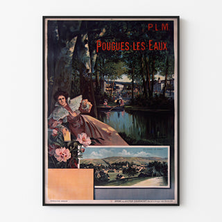 Vintage travel poster – Pougues-les-Eaux, PLM, shown in a slim frame on a light wall.