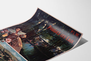 Vintage tourist poster – Pougues-les-Eaux, PLM, shown on a curved sheet, perspective view.