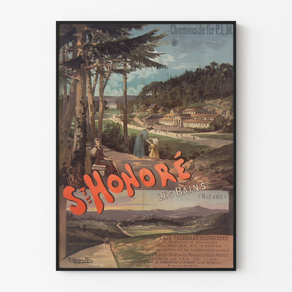 Vintage tourist poster – Saint-Honoré-les-Bains, PLM, displayed in a thin frame on a light wall.